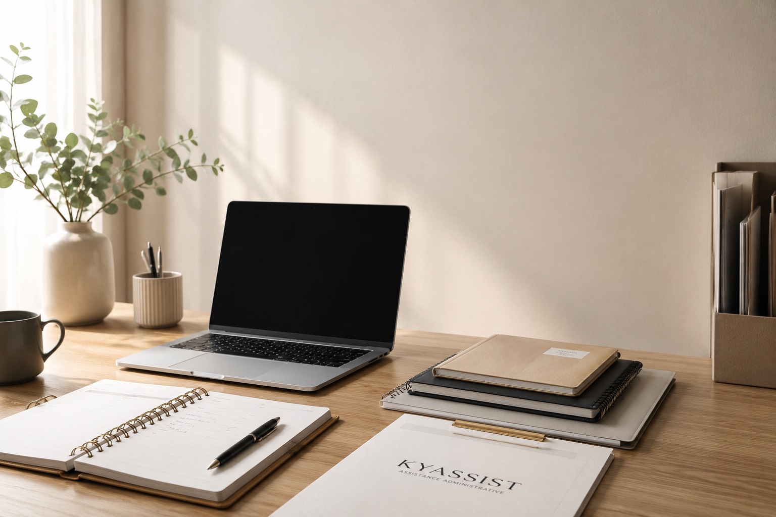 Bureau épuré KyAssist : ordinateur portable, agenda et dossiers administratifs